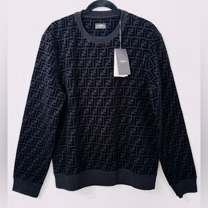 NWT! Fendi Sweatshirt Black Wool Pullover FF Logo Pattern Size Large Authentic!